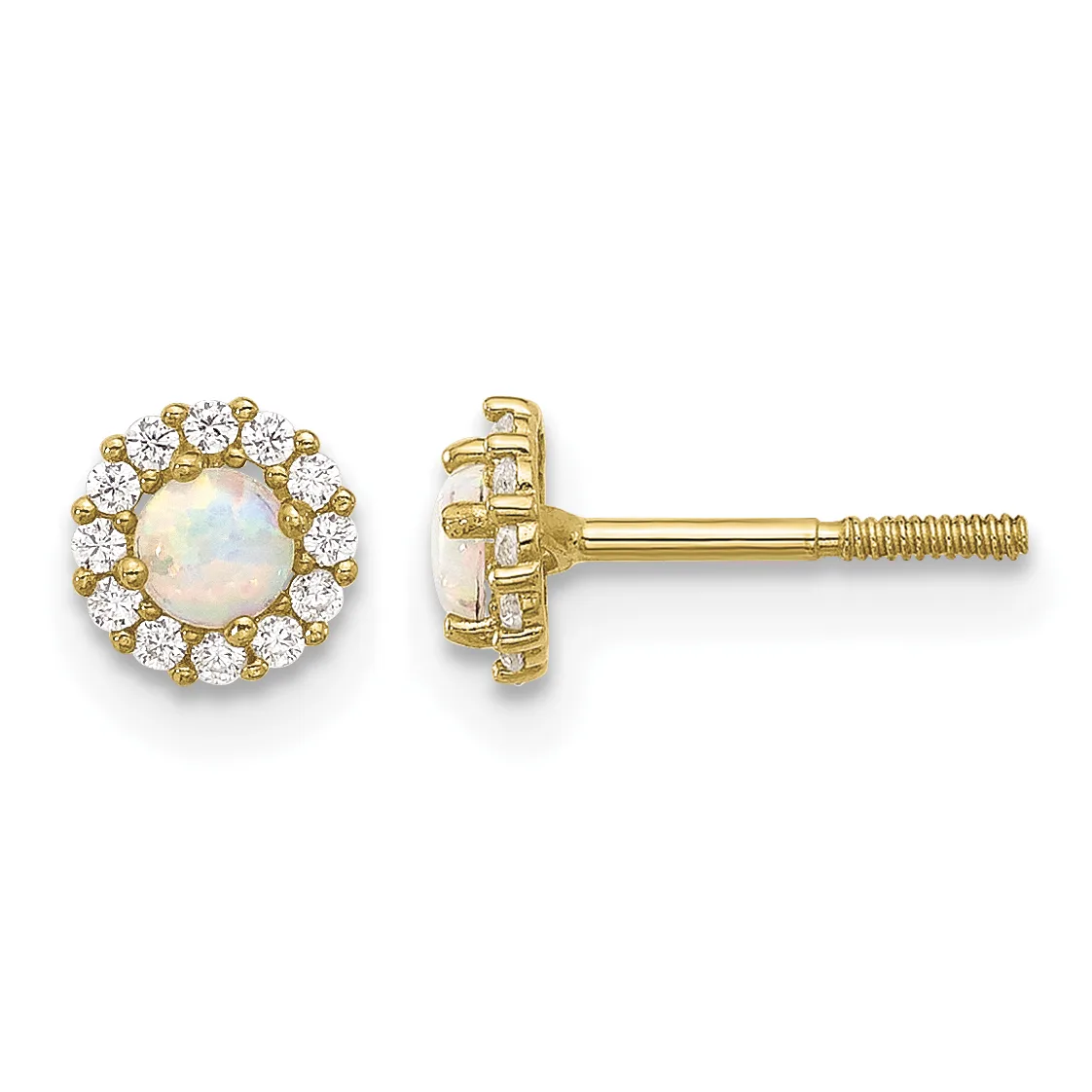Pair of gold stud earrings with round opal centers surrounded by a halo of small diamonds, shown from front and back views.