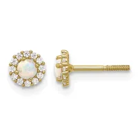 Pair of gold stud earrings with round opal centers surrounded by a halo of small diamonds, shown from front and back views.