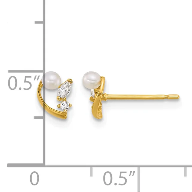 Pair of gold stud earrings with white pearls and diamond accents, shown next to a ruler indicating approximately 0.5 inches in length.