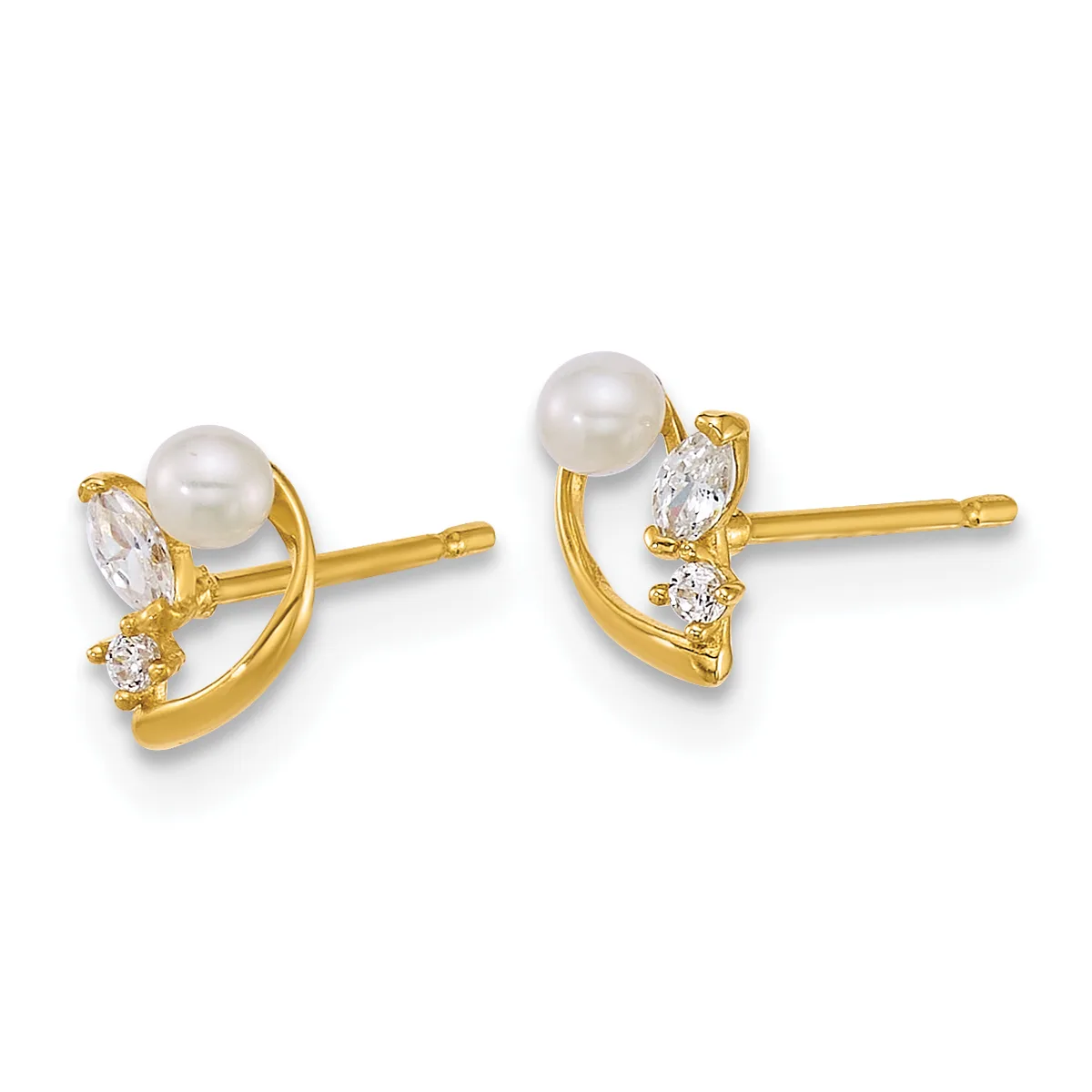 A pair of gold stud earrings, each featuring a white pearl at the top with marquise and round cubic zirconia stones arranged below on a curved gold post.