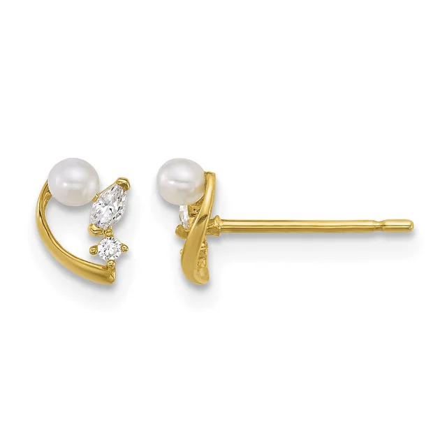 Pair of gold stud earrings with white pearls on top and marquise and round diamond accents below, shown from front and back views.