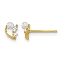 Pair of gold stud earrings with white pearls on top and marquise and round diamond accents below, shown from front and back views.