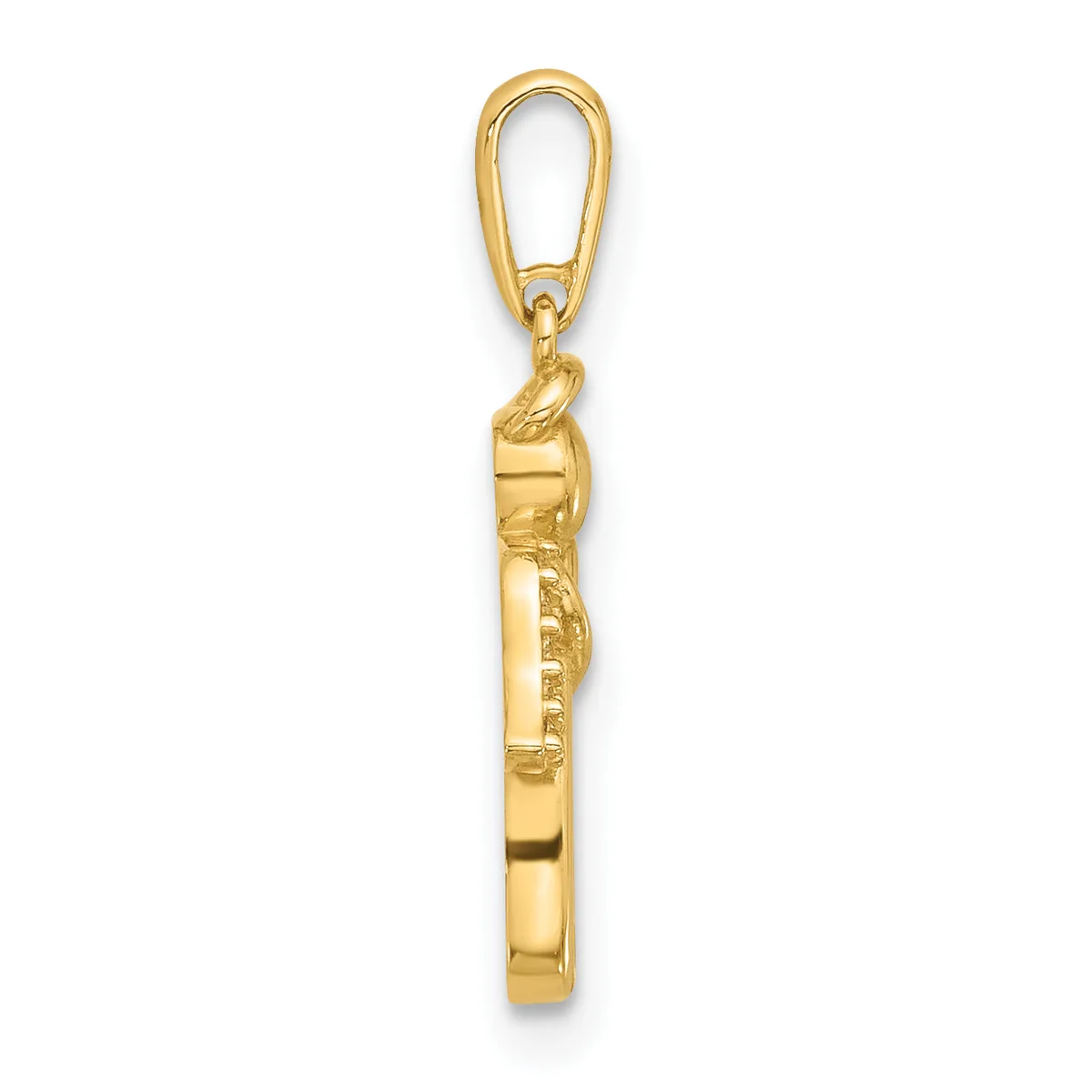 A gold cylindrical pendant with textured surface details hangs from a gold lobster clasp connector, shown against a white background.