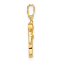 A gold cylindrical pendant with textured surface details hangs from a gold lobster clasp connector, shown against a white background.