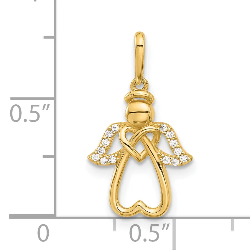 Gold angel charm with diamond-set wings and a heart-shaped body, shown next to a ruler indicating approximately one inch in height.