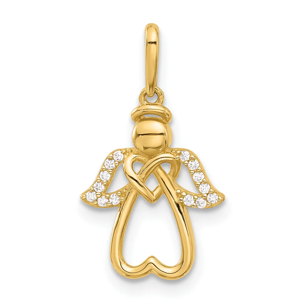 Gold angel charm pendant with diamond-set wings and a heart-shaped body, suspended from a bailed loop.