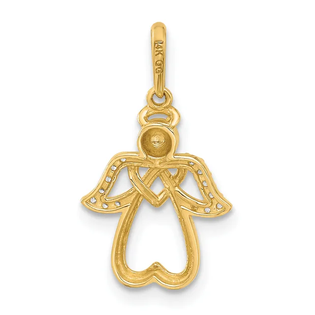 Gold angel pendant with outstretched wings decorated with small beads, a round head, and a heart-shaped body, suspended from a bail loop.