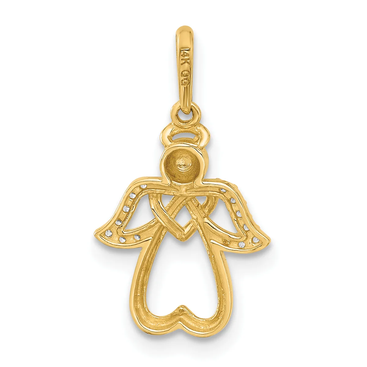Gold angel pendant with outstretched wings decorated with small beads, a round head, and a heart-shaped body, suspended from a bail loop.
