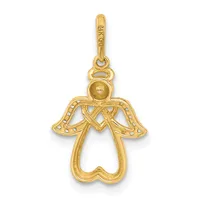 Gold angel pendant with outstretched wings decorated with small beads, a round head, and a heart-shaped body, suspended from a bail loop.