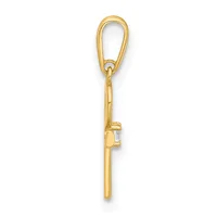 A gold-toned key pendant with a lobster clasp attachment at the top and a small stamped hallmark on the shaft.