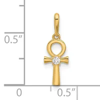 A gold ankh cross pendant with a round diamond set at the crossbar, shown next to a measurement scale indicating approximately half an inch in height.