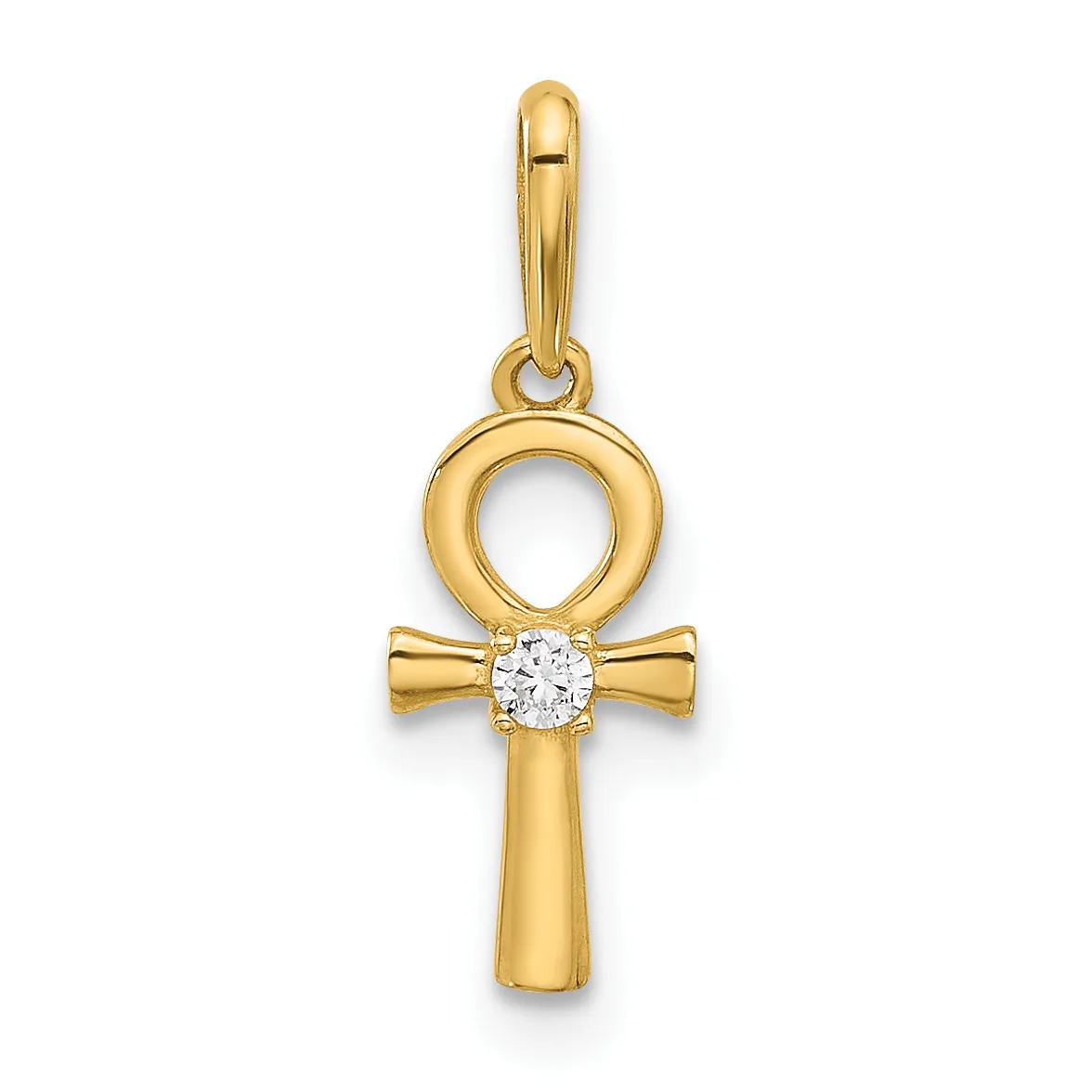 Gold ankh cross pendant with a round diamond set at the intersection, suspended from a gold bail.