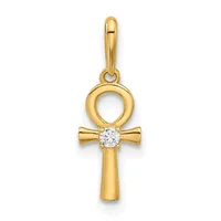 Gold ankh cross pendant with a round diamond set at the intersection, suspended from a gold bail.