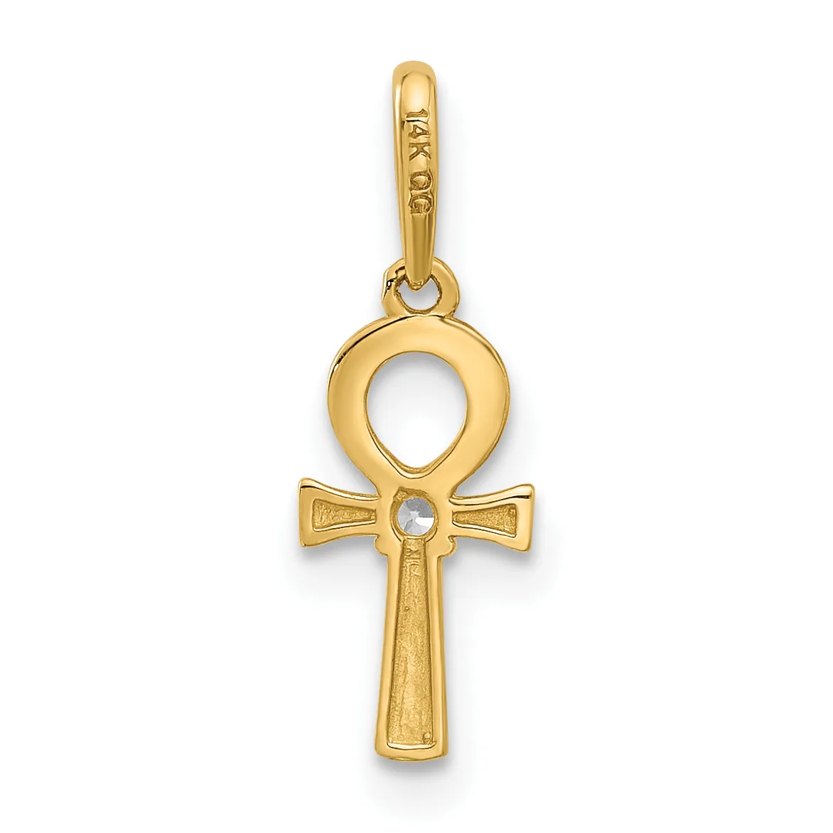 A gold ankh pendant with a small round diamond or crystal at the center, suspended from a looped bail, shown against a white background.