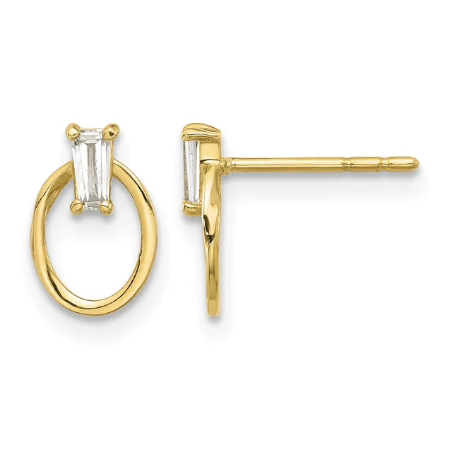 Pair of gold stud earrings with oval loops and rectangular baguette-cut crystal stones positioned at the top, shown from front and side views.