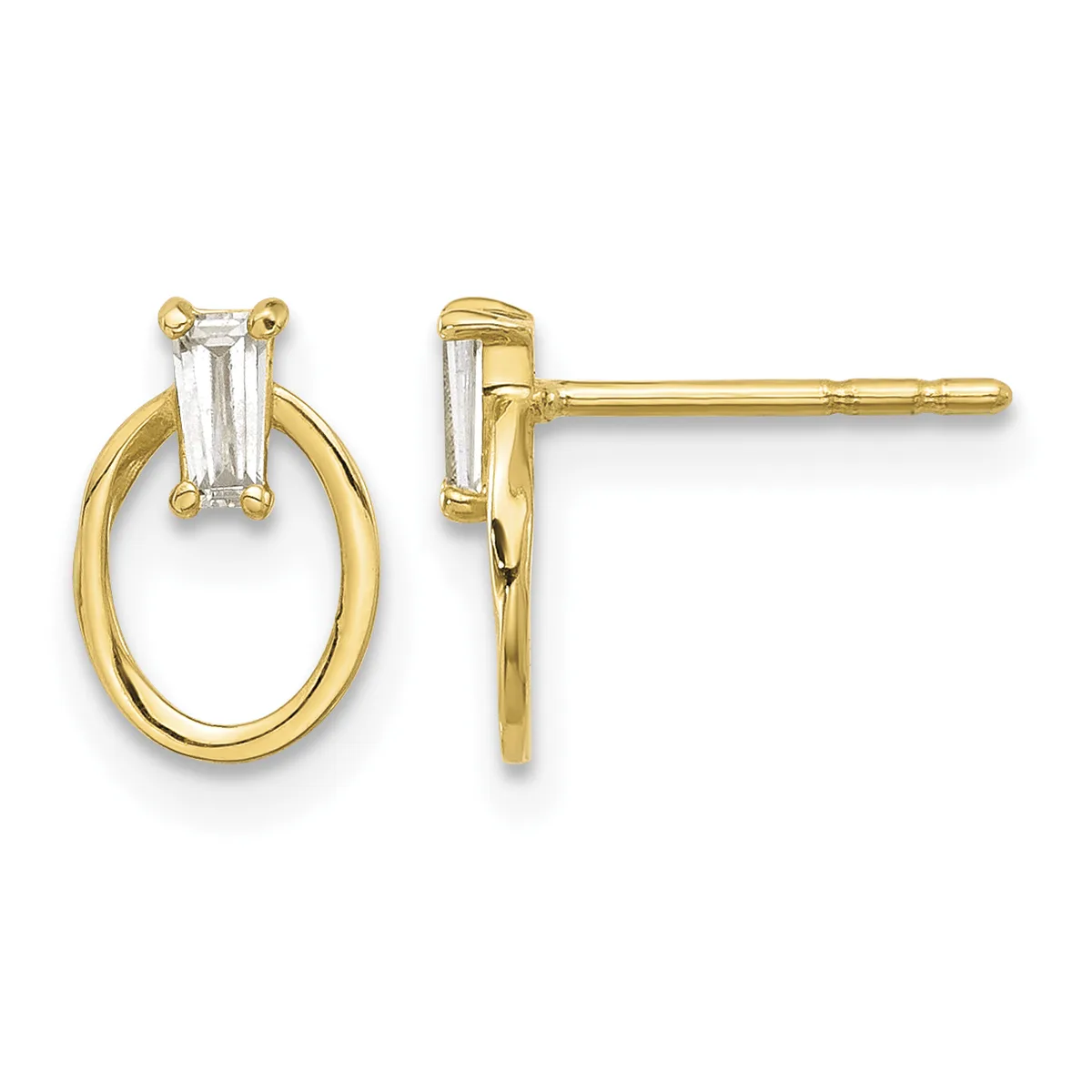 Pair of gold stud earrings with oval loops and rectangular baguette-cut crystal stones positioned at the top, shown from front and side views.