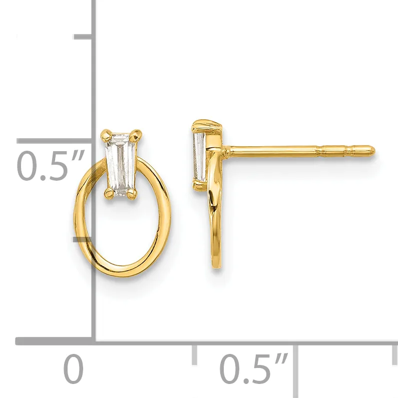 Pair of gold-colored stud earrings with oval hoops and baguette-cut clear crystal stones, shown on a measurement scale indicating approximately 0.5 inches in height.