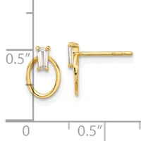 Pair of gold-colored stud earrings with oval hoops and baguette-cut clear crystal stones, shown on a measurement scale indicating approximately 0.5 inches in height.