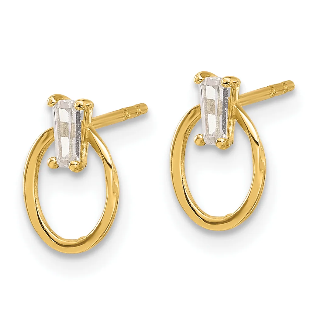 A pair of gold stud earrings with oval loops and rectangular clear crystal stones set at the top, shown from the front.