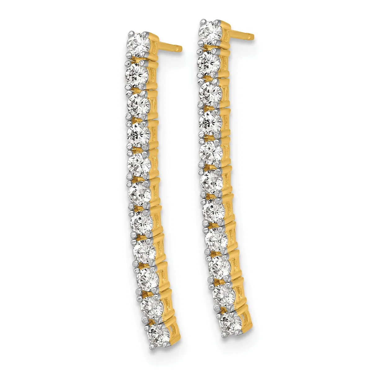Pair of gold drop earrings with multiple round cubic zirconia stones set in a vertical line, displayed against a white background.