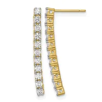 A pair of long drop earrings with round diamonds set in a line within gold settings, shown from front and back views.