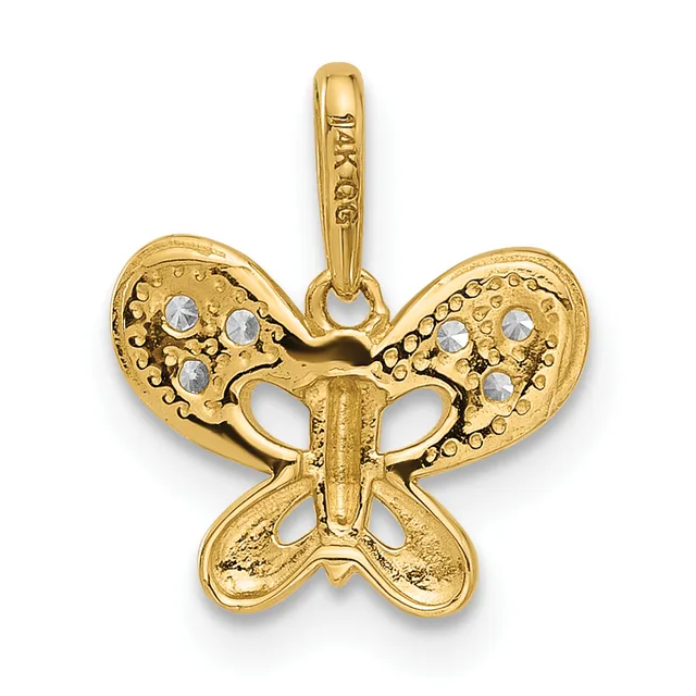Gold butterfly pendant with crystal rhinestone accents on the wings, shown against a white background.