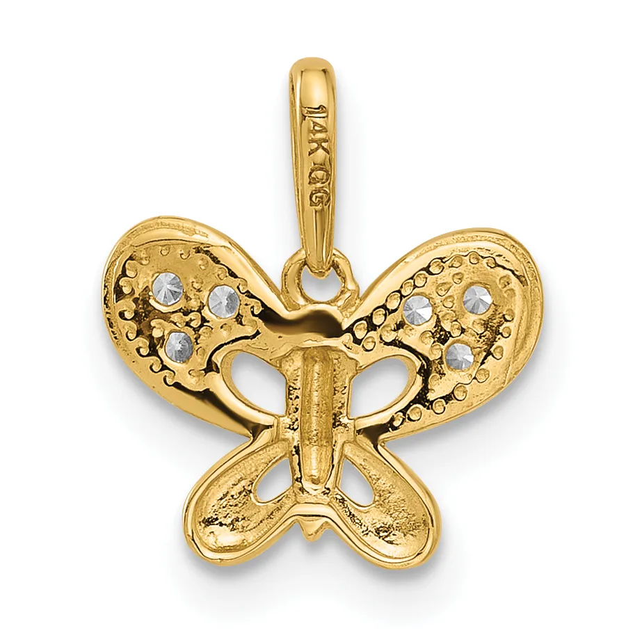 Gold butterfly pendant with crystal rhinestone accents on the wings, shown against a white background.