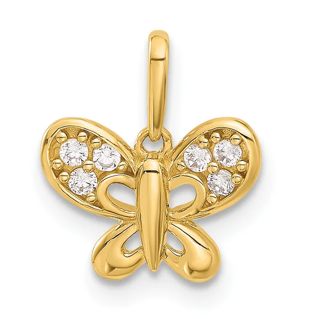 Gold butterfly pendant with cubic zirconia stones set in the upper wings and a polished finish throughout, shown against a white background.
