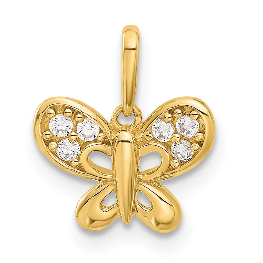 Gold butterfly pendant with cubic zirconia stones set in the upper wings and a polished finish throughout, shown against a white background.