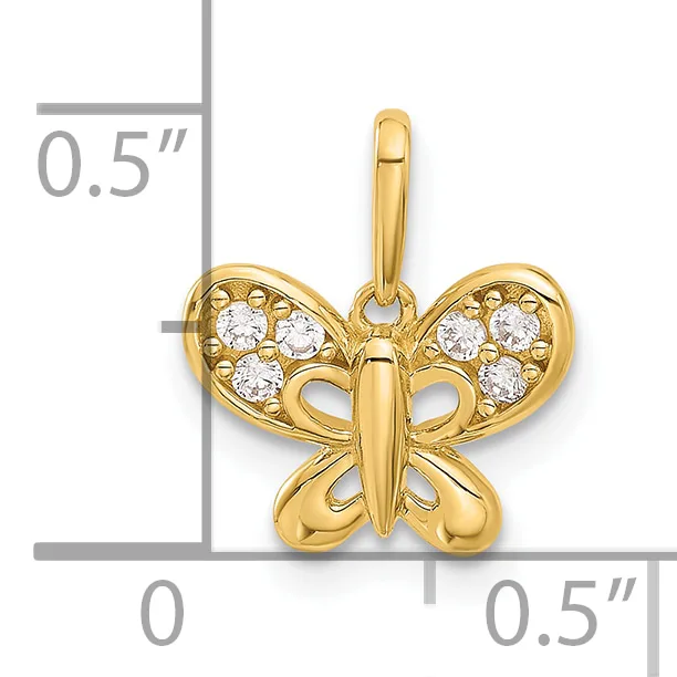Gold butterfly pendant with cubic zirconia stones in the wings, shown with measurement scale indicating approximately 0.5 inches in width and height.