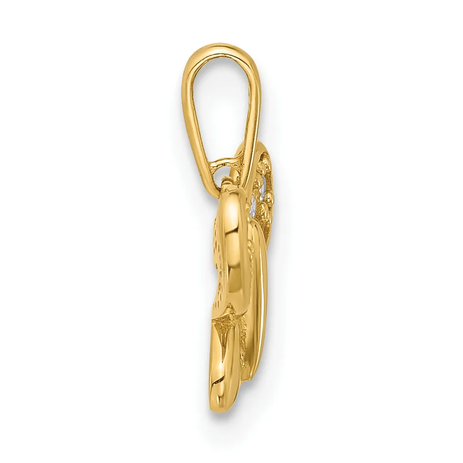 A gold pendant charm shaped like a shoe or slipper with textured detailing, suspended from a gold bail loop, shown against a white background.