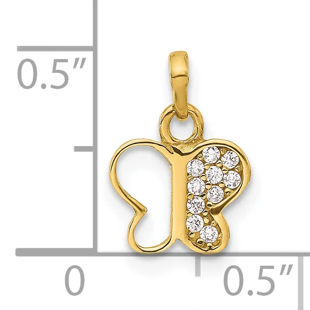Gold-toned butterfly pendant with crystal rhinestones on right wing, shown next to a measurement scale indicating approximately 0.5 inches in height and width.