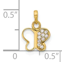 Gold-toned butterfly pendant with crystal rhinestones on right wing, shown next to a measurement scale indicating approximately 0.5 inches in height and width.