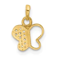Gold butterfly pendant with textured left wing and polished right wing, set with small round diamonds, attached to a gold bail.