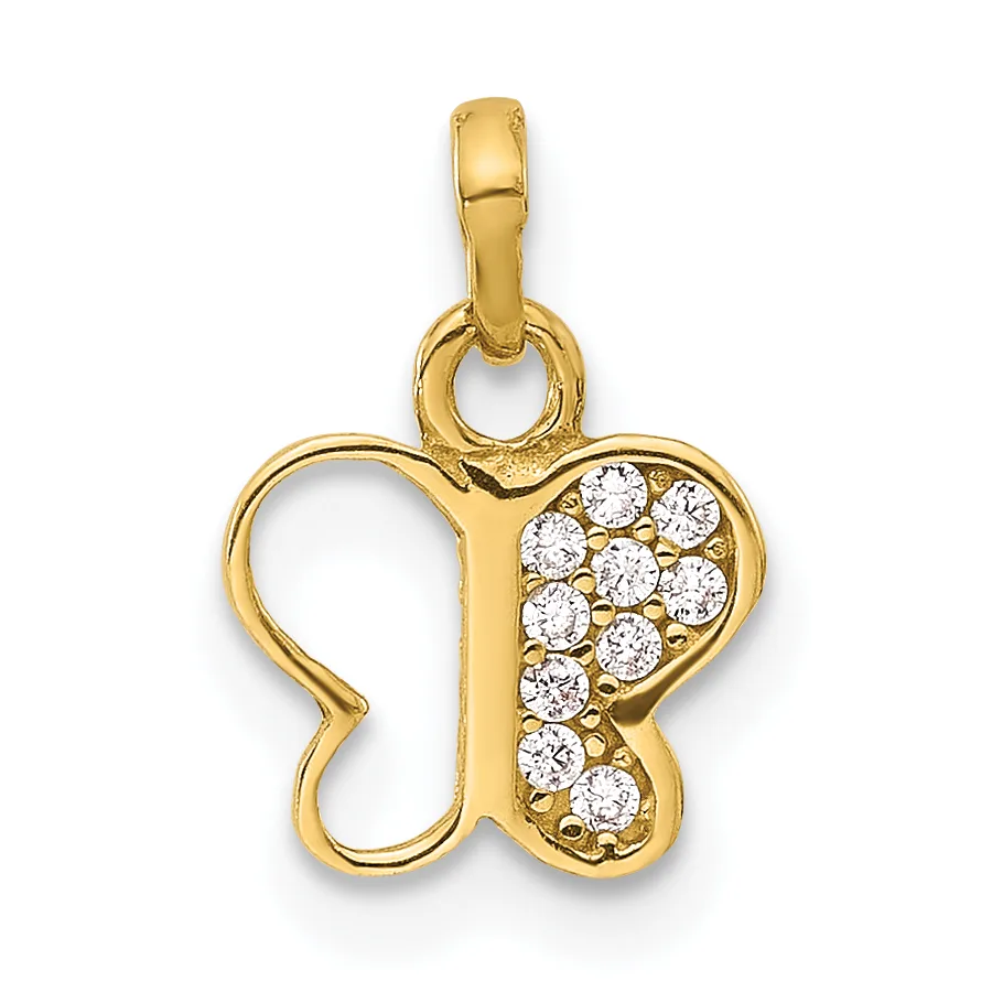 Gold butterfly pendant with cubic zirconia stones set on the right wing and a polished bail loop at the top.
