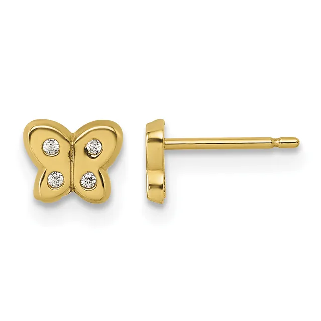 A pair of gold butterfly stud earrings, each featuring four small round diamonds set in the wings, shown from front and side views.
