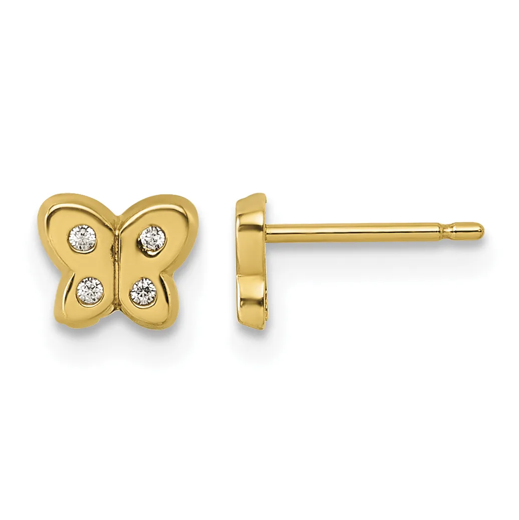 A pair of gold butterfly stud earrings, each featuring four small round diamonds set in the wings, shown from front and side views.