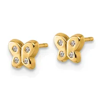 A pair of gold butterfly stud earrings with diamond accents on each wing, shown from front and back angles.