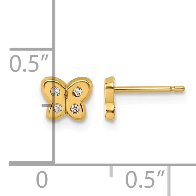 Gold butterfly stud earrings with four small round diamonds, shown from front and side views with a measurement scale indicating approximately 0.5 inches in height.