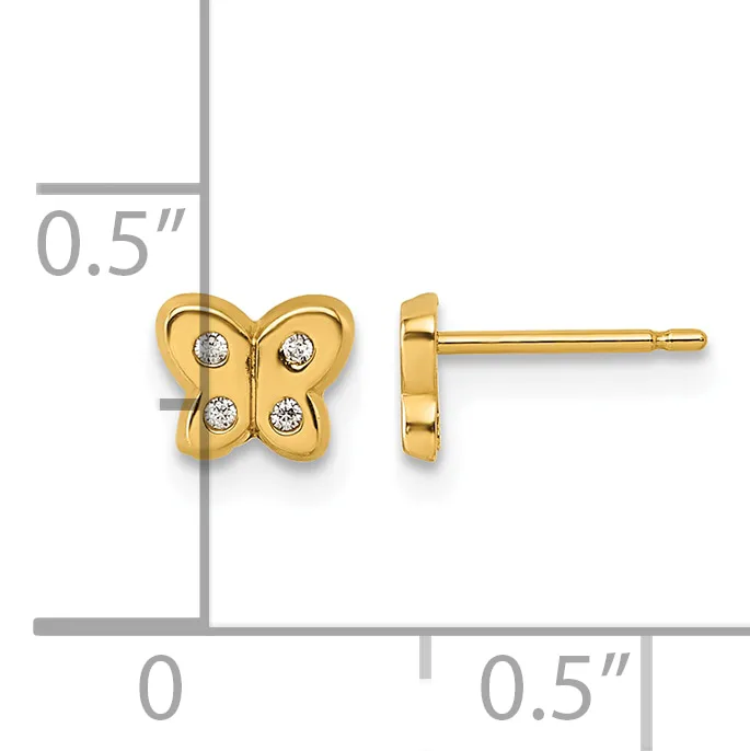 Gold butterfly stud earrings with four small round diamonds, shown from front and side views with a measurement scale indicating approximately 0.5 inches in height.
