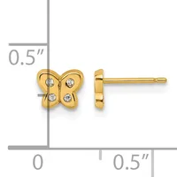 Gold butterfly stud earrings with four small round diamonds, shown from front and side views with a measurement scale indicating approximately 0.5 inches in height.