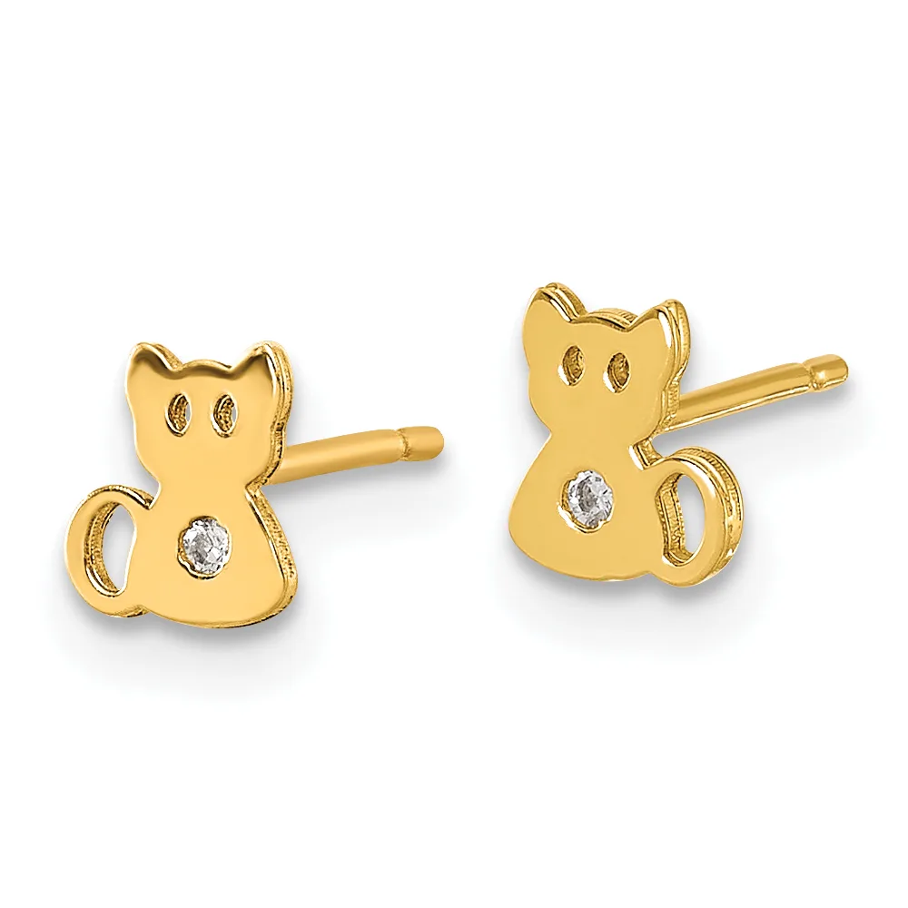 A pair of gold cat-shaped stud earrings with diamond accents on the body and post backs, shown from the front and side view.