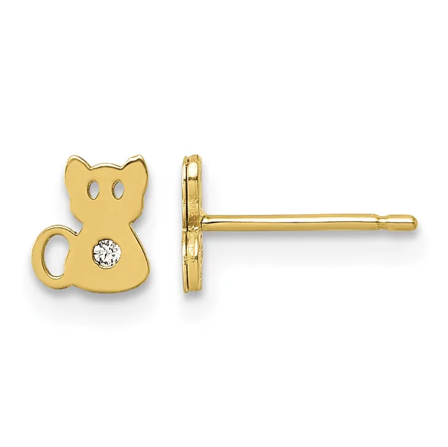 Pair of gold cat-shaped stud earrings with diamond accents, shown from front and side view.