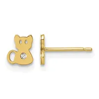 Pair of gold cat-shaped stud earrings with diamond accents, shown from front and side view.