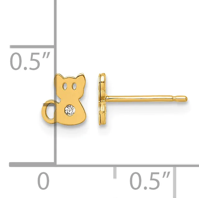 Gold cat stud earrings with a small round diamond accent, shown front and side view with measurement scale indicating approximately 0.5 inches in size.