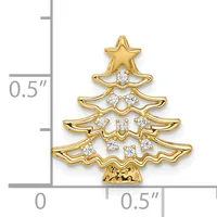 Gold-tone Christmas tree pendant with crystal rhinestones arranged in four tiers and a star on top, shown next to a ruler indicating approximately half-inch width.