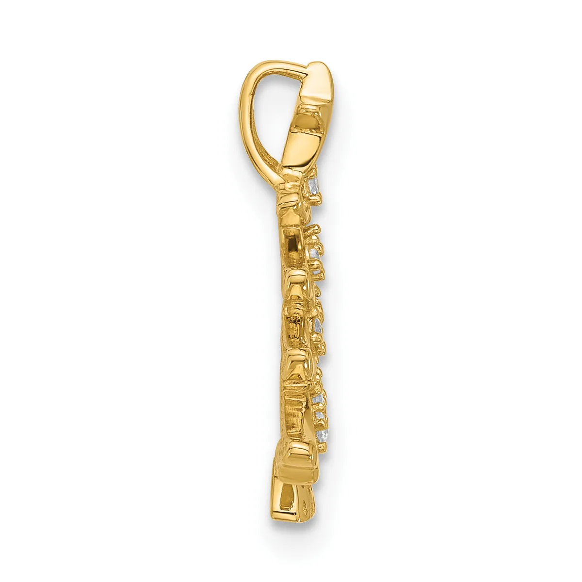 A gold pendant charm featuring an ornate rectangular design with decorative detailing, suspended from a gold bail clasp.
