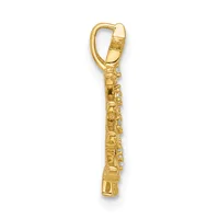 A gold pendant charm featuring an ornate rectangular design with decorative detailing, suspended from a gold bail clasp.