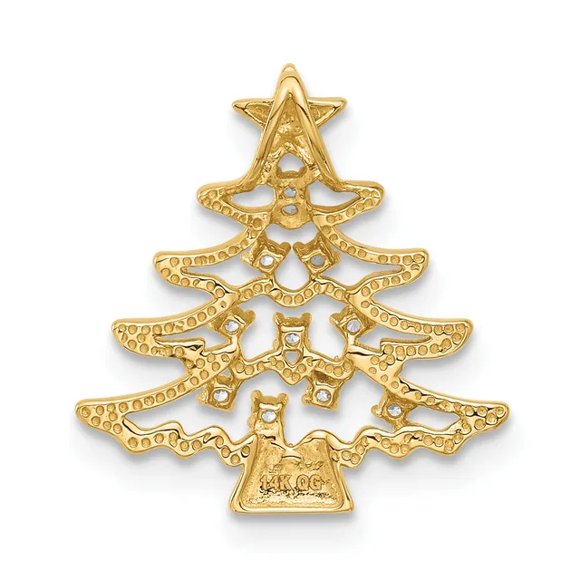 Gold-toned decorative Christmas tree pendant with textured branches, small rhinestone accents, and a star on top, shown against a white background.