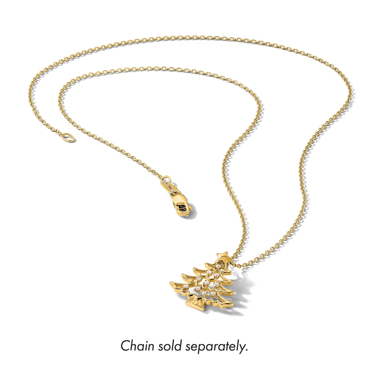Gold-tone sun-shaped pendant with small diamonds or crystals, displayed on a coiled gold chain with a lobster clasp, shown against a white background.